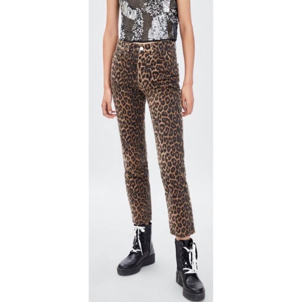 Zara TRF Leopard Print Jeans High Rise Button Fly Denim Pants Blogger Fave Sz 8